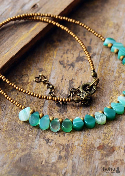 Boho Necklace, Green Semiprecious Stone Seeds